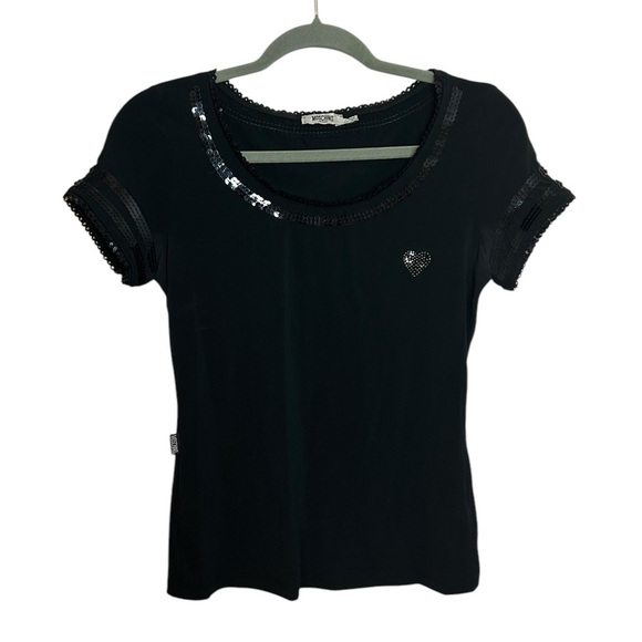 Moschino Jeans Vintage Black Sequin Y2K Heart Top - Picture 1 of 8